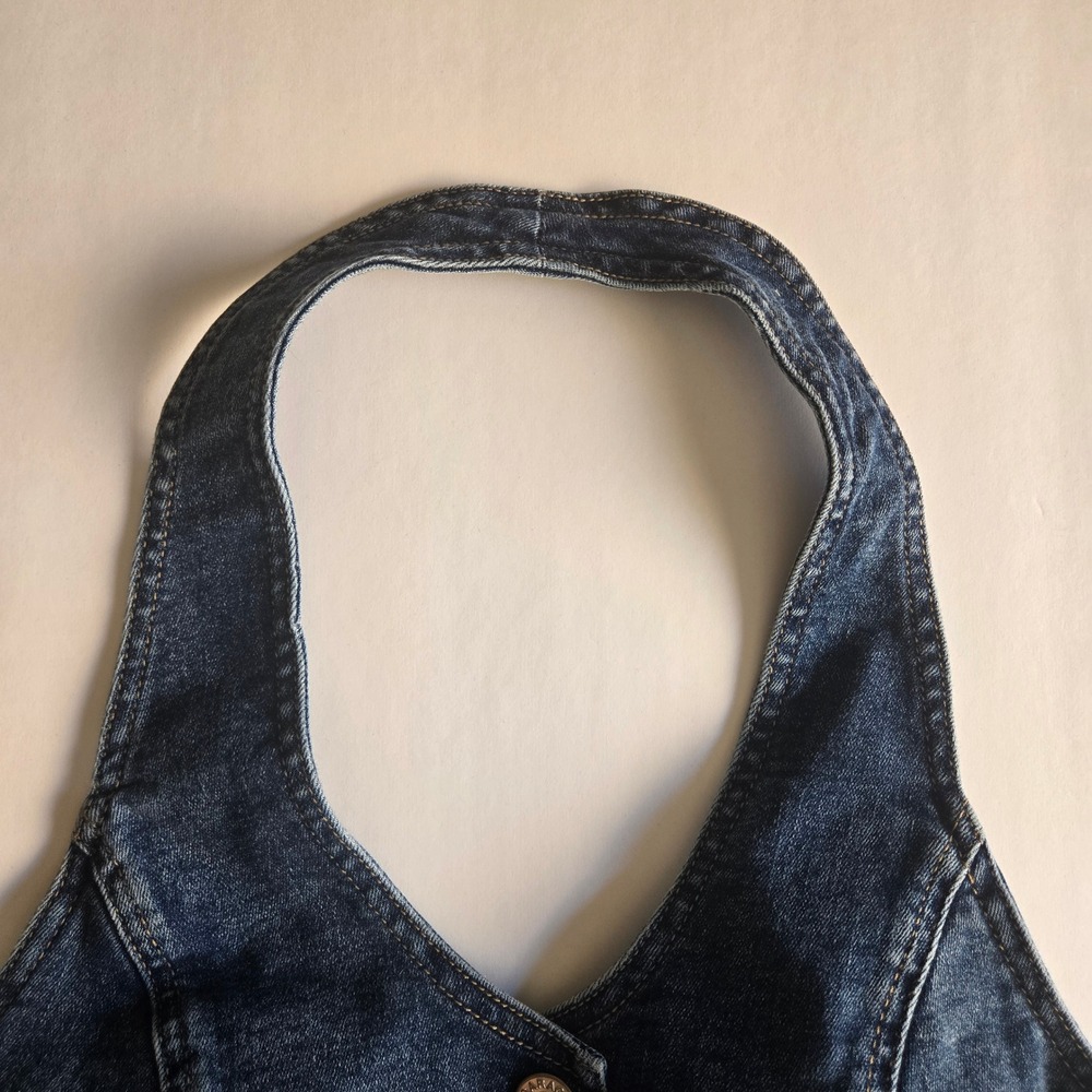 Garage Denim Halter Neck Vest Top Dark Wash Blue Button Front Cropped Small - Picture 3 of 8